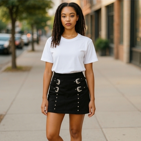 Forever 21 Black Vegan Suede Mini Skirt – Silver Western Buckles, Rivet Details - Picture 1 of 8